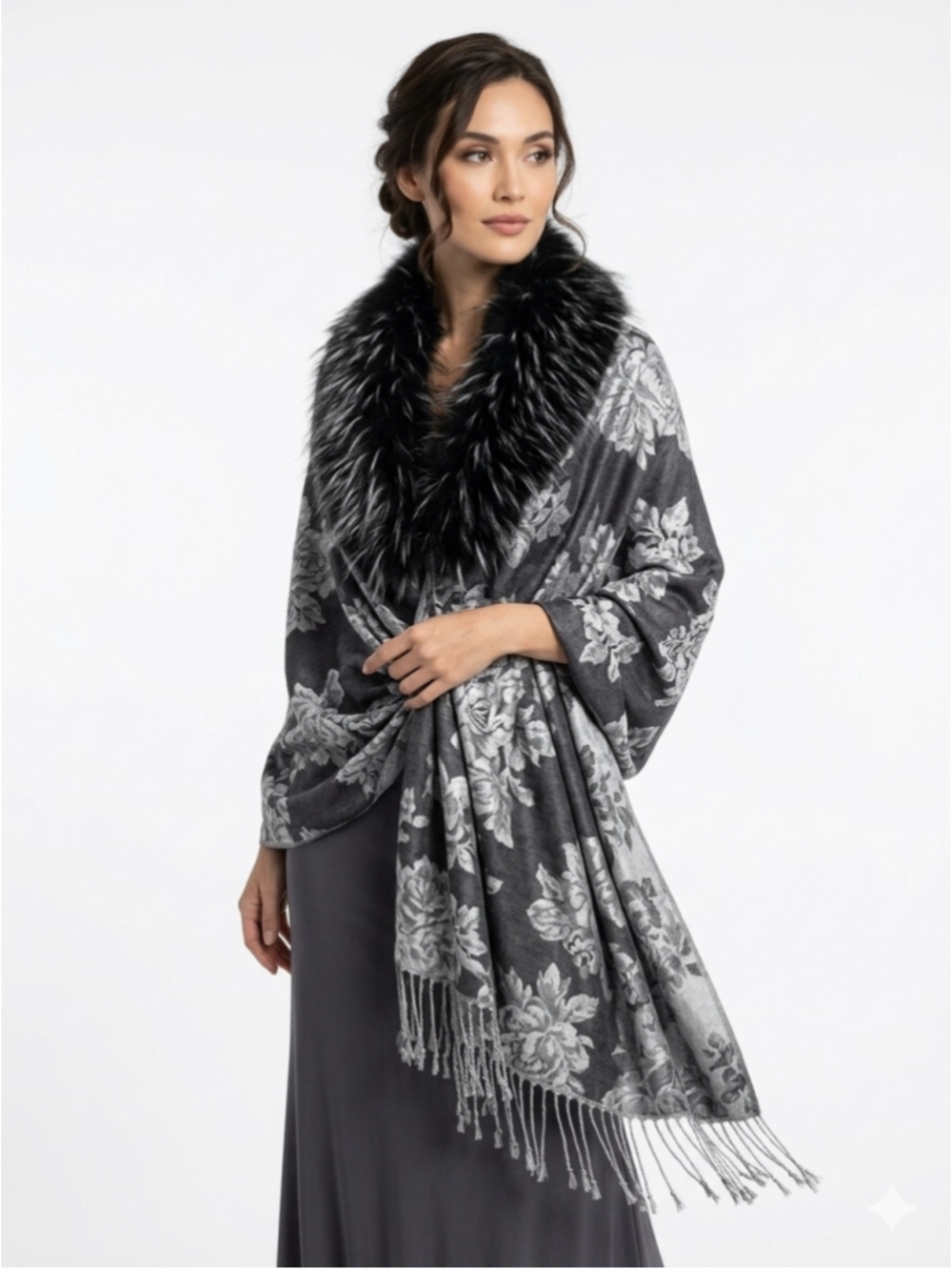 Floral Jacquard Pashmina Shawl Wrap Faux Fur Collar Fringed Grey Black - 781